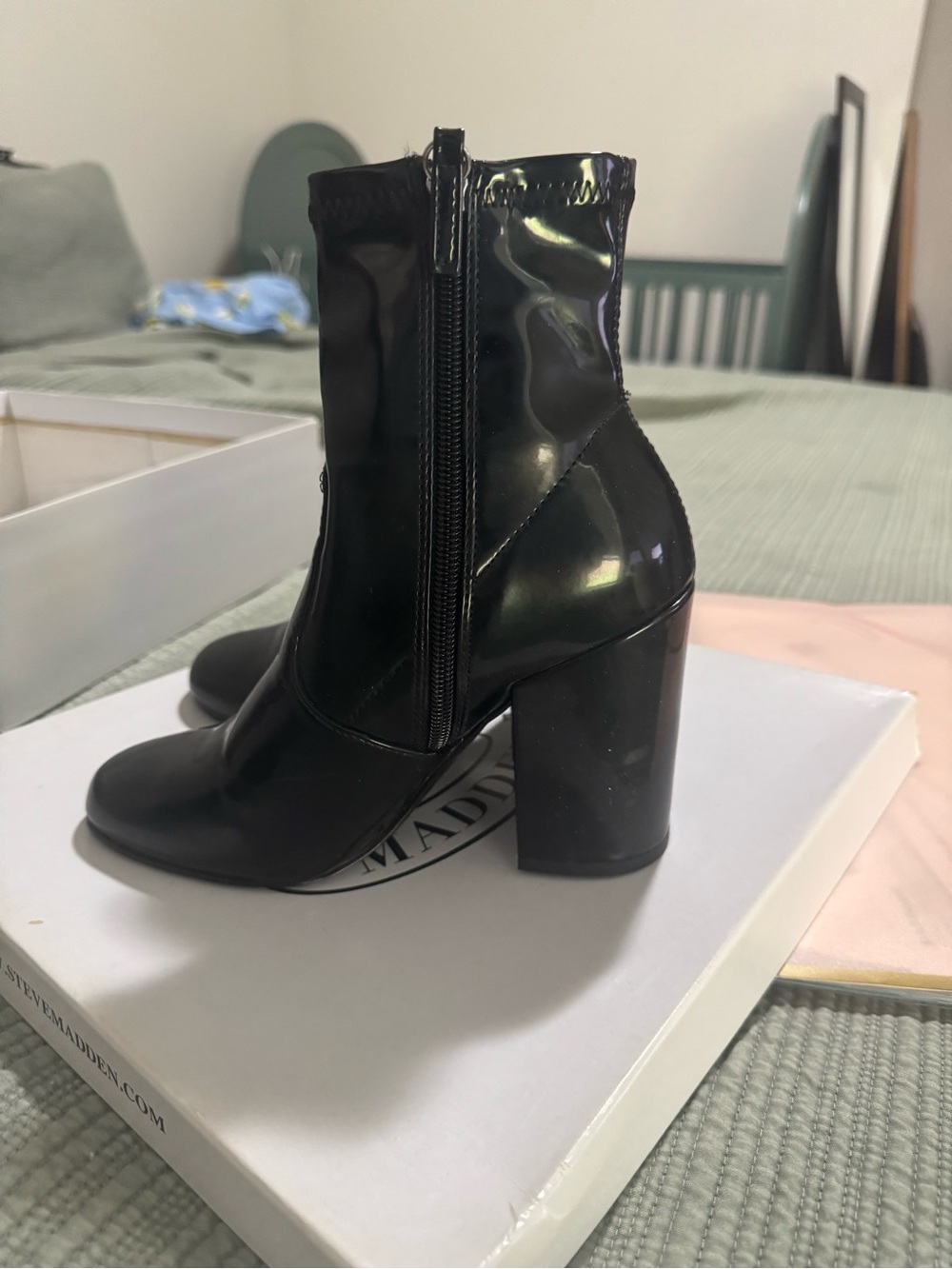 Steve Madden Gaze Black Patent Block Heel Ankle Boots